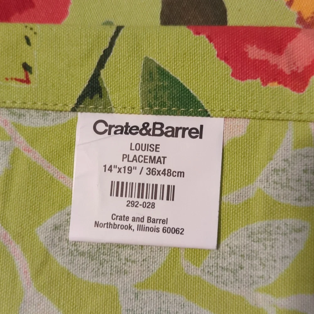 Crate and Barrel Louise Floral Green Multi Color 100% Cotton 5-PC Placemat Set